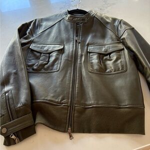 7 For All Mankind Dark Green Leather Bomber Jacket